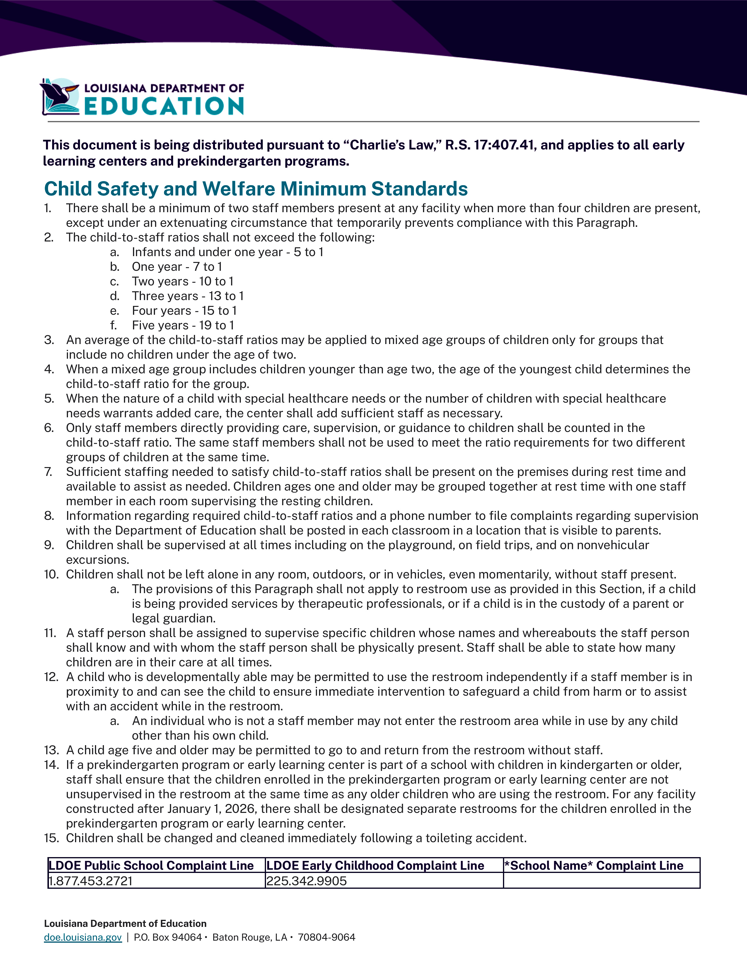ACT 409 Child Safety and Welfare Standards — the 15 universal standards every Louisiana school must follow